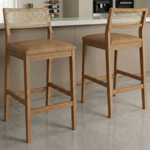 KIT 2 Banquetas Alta Com Encosto Oiti Madeira Maciça Tauari Corino Kaki NATUEM