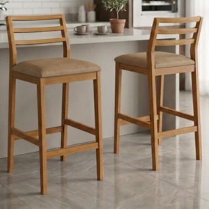 KIT 2 Banquetas Alta Com Encosto Oliva Madeira Maciça Tauari Corino Kaki NATUEM
