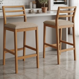 KIT 2 Banquetas Alta Com Encosto Oliva Madeira Maciça Tauari Linho Bege NATUEM