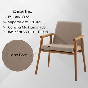 Kit 2 Cadeiras Decorativas Base Madeira F56 Linho Bege Dmobiliario