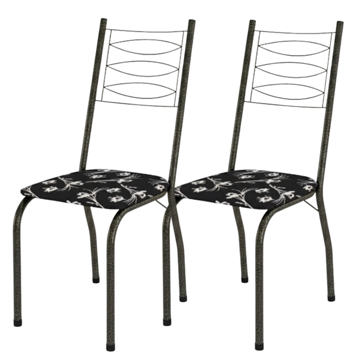Kit 2 Cadeiras Tubular America 062 Cromo Preto Assento Preto Flor ARTEF