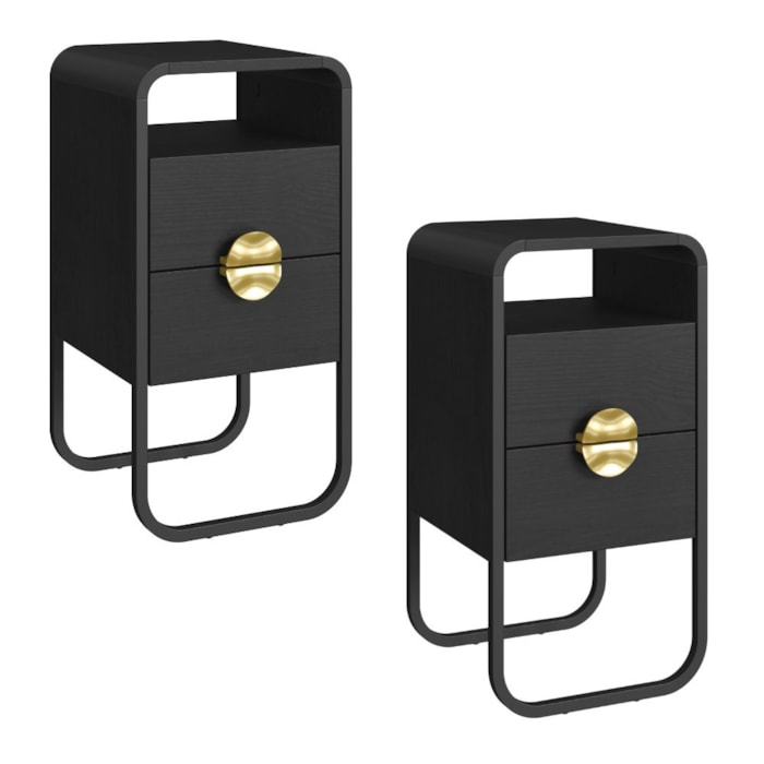 Kit 2 Mesas de Cabeceira Luna 30 cm Pes Metalicos Nero Preto Artesano