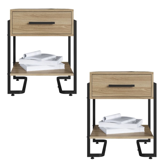 Kit 2 Mesas de Cabeceira P1059 49 cm Oak Preto PP Milani Store