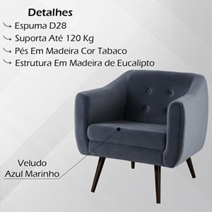 Kit 2 Poltronas Decorativas Base Tabaco 7015 Veludo Azul Marinho Dmobiliario