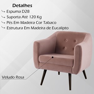 Kit 2 Poltronas Decorativas Base Tabaco 7015 Veludo Rosa Dmobiliario