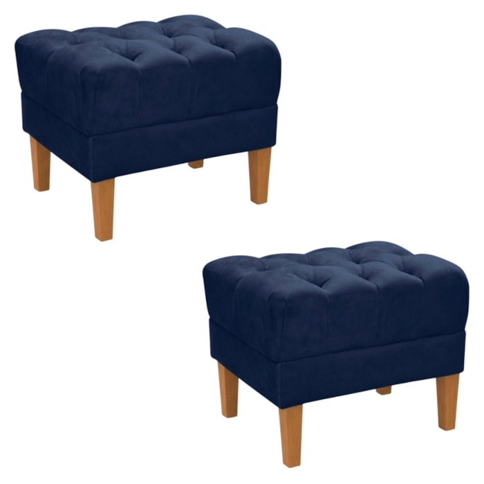 KIT 2 Puff Retro Capitone Pes Madeira Suede Azul Marinho MPassos