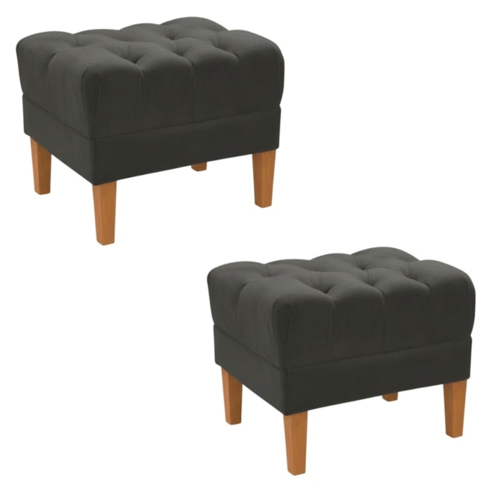 KIT 2 Puff Retro Capitone Pes Madeira Suede Cinza Escuro MPassos