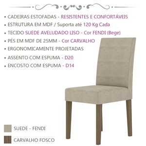 Kit 4 Cadeiras Estofadas 40003 Suede Carvalho Fendi PLN