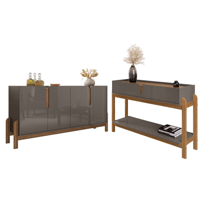 Kit Buffet Aparador 4 Portas 2 Gavetas Lizz Cinza Perola Cedro DCASA