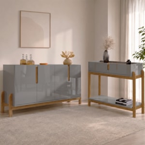 Kit Buffet Aparador 4 Portas 2 Gavetas Lizz Cinza Perola Cedro DCASA