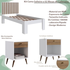 Kit Cama Solteiro e 02 Mesas de Cabeceira Branco Mel PRODDY