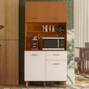Kit Cozinha 4 Portas 1 Gaveta 90x188 cm New Izis Freijo Ripado Off Acetinado POLIMAN