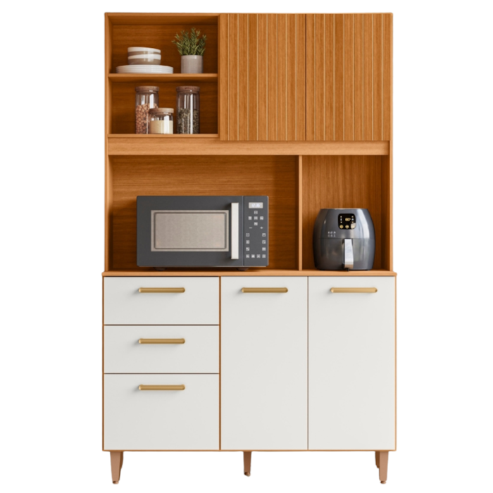 Kit Cozinha 5 Portas 2 Gavetas 115x188 cm Sicilia Medio Freijo Off Ripado Frisado POLIMAN
