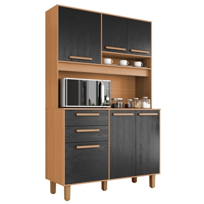Kit Cozinha 6 Portas 2 Gavetas 120 cm Prisma Cinamomo Preto ZANZ