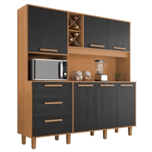 Kit Cozinha 6 Portas 3 Gavetas 182 cm Mari Cinamomo Preto ZANZ