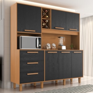 Kit Cozinha 6 Portas 3 Gavetas 182 cm Mari Cinamomo Preto ZANZ