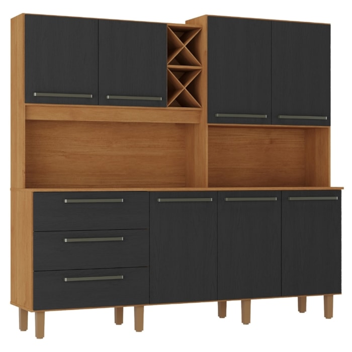 Kit Cozinha 7 Portas 3 Gavetas 208 cm Atria Cinamomo Preto ZANZ