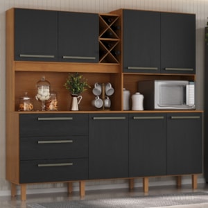 Kit Cozinha 7 Portas 3 Gavetas 208 cm Atria Cinamomo Preto ZANZ