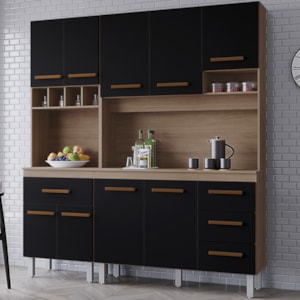 Kit Cozinha 9P 4G 180 cm Vitoria Savana Preto Mobbs