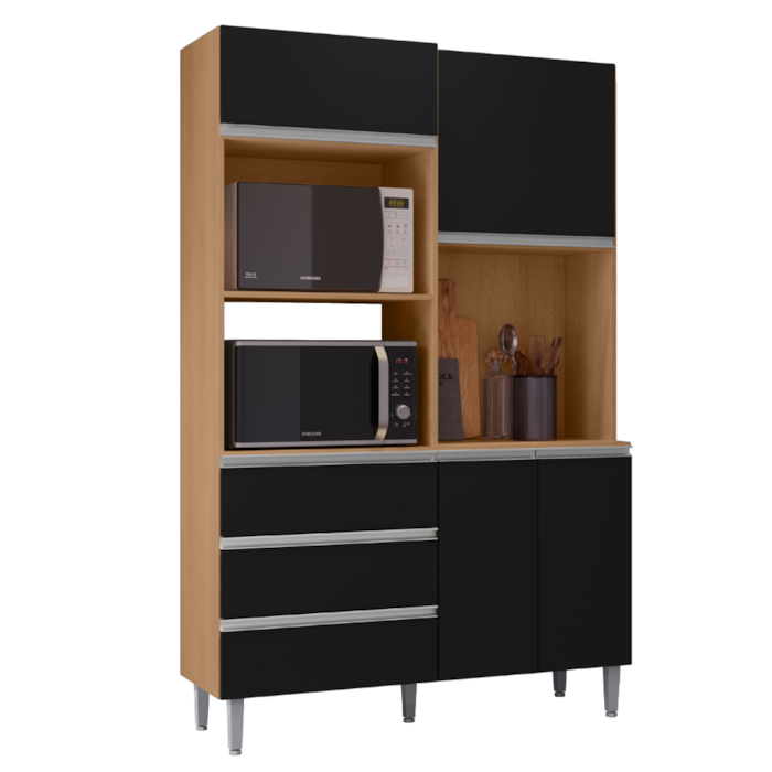 Kit Cozinha Compacta 4 Portas 120 cm Livia Amendoa Preto REAJL