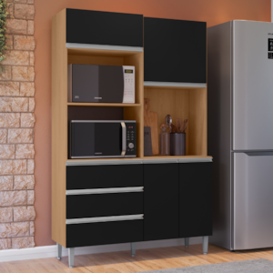 Kit Cozinha Compacta 4 Portas 120 cm Livia Amendoa Preto REAJL