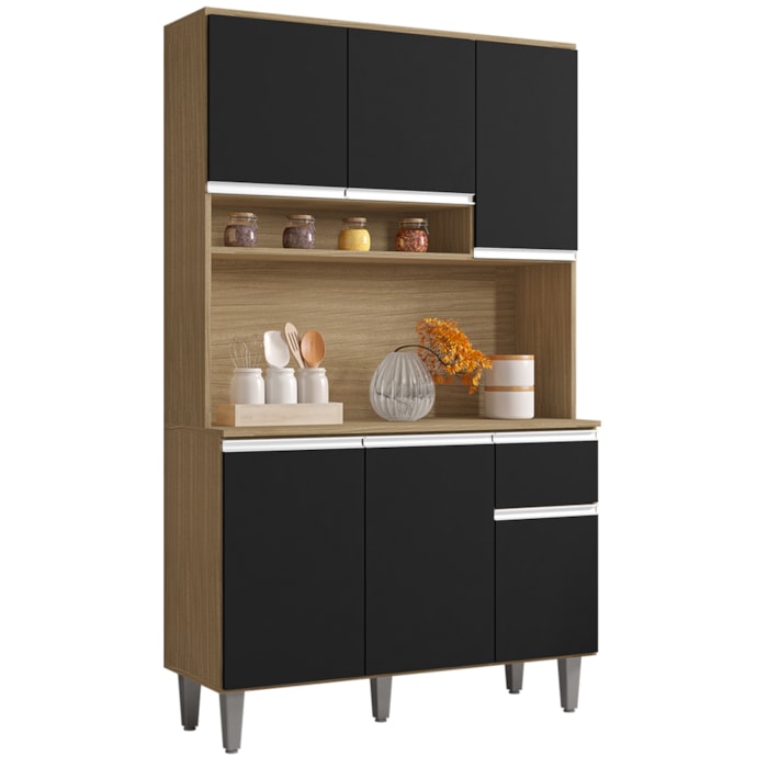 Kit Cozinha Compacta 6 Portas 105 cm Marcia Amendoa Preto REAJL Moveis