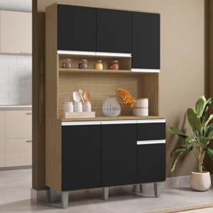 Kit Cozinha Compacta 6 Portas 105 cm Marcia Amendoa Preto REAJL Moveis