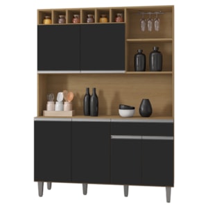 Kit Cozinha Compacta 6 Portas 130 cm Alice Amendoa Preto REAJL Moveis