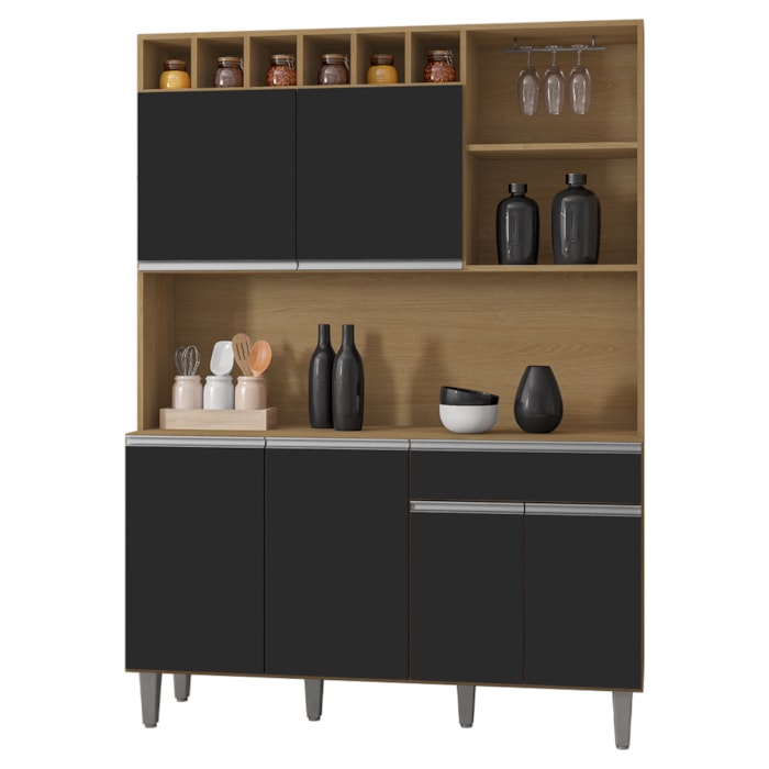 Kit Cozinha Compacta 6 Portas 130 cm Alice Amendoa Preto REAJL Moveis