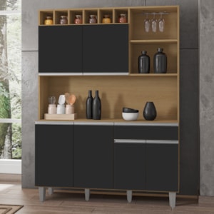 Kit Cozinha Compacta 6 Portas 130 cm Alice Amendoa Preto REAJL Moveis