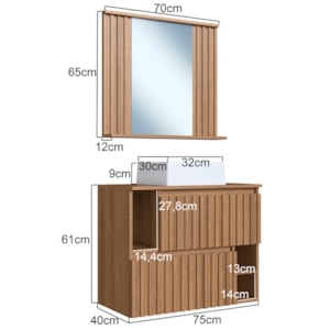 Kit Espelheira e Gabinete 70 cm Com Cuba Branca CJ1000 Mell FAEM