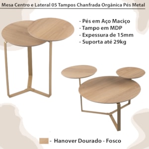 Kit Mesa Centro e Lateral Chanfrada Pes Metal Dourado Hanover Artesano