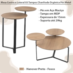 Kit Mesa Centro e Lateral Chanfrada Pes Metal Preto Hanover Artesano