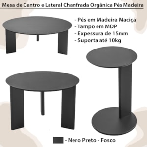 Kit Mesa de Centro e Lateral Chanfrada Pes Madeira Nero Preto Artesano