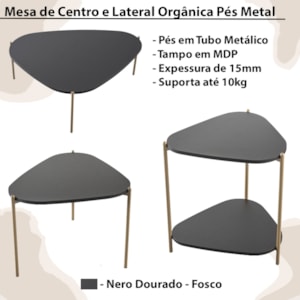 Kit Mesa de Centro e Lateral Organica Pes Metal Dourado Nero Artesano