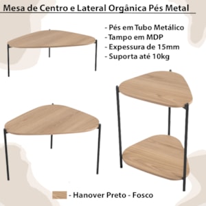 Kit Mesa de Centro e Lateral Organica Pes Metal Preto Hanover Artesano