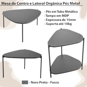 Kit Mesa de Centro e Lateral Organica Pes Metal Preto Nero Artesano