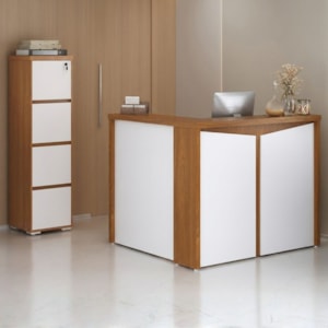 Mesa Balcao Atendimento 135X118 cm E Gaveteiro Alto 4 Gavetas 143X46 cm Freijo Branco Artany