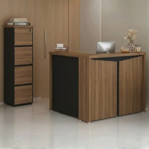 Mesa Balcao Atendimento 135X118 cm E Gaveteiro Alto 4 Gavetas 143X46 cm Nogal Preto Artany