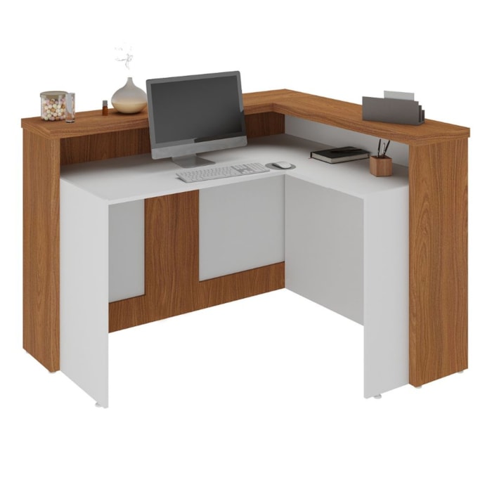 Mesa Balcao Atendimento Recepcao Tampo Tamburato 135X118 cm Freijo Branco Artany