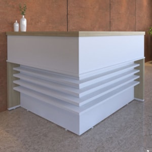 Mesa Balcao Atendimento Recepcao Tampo Tamburato 148X148 cm Carvalho Branco Artany