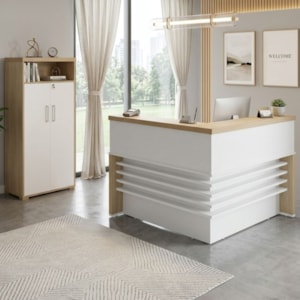 Mesa Balcao Recepcao 148X148 cm E Armário Com Nicho 173X90 cm Carvalho Branco Artany