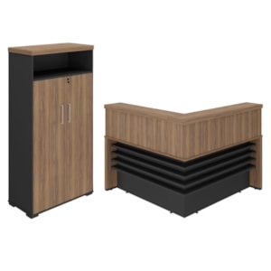Mesa Balcao Recepcao 148X148 cm E Armário Com Nicho 173X90 cm Nogal Preto Artany