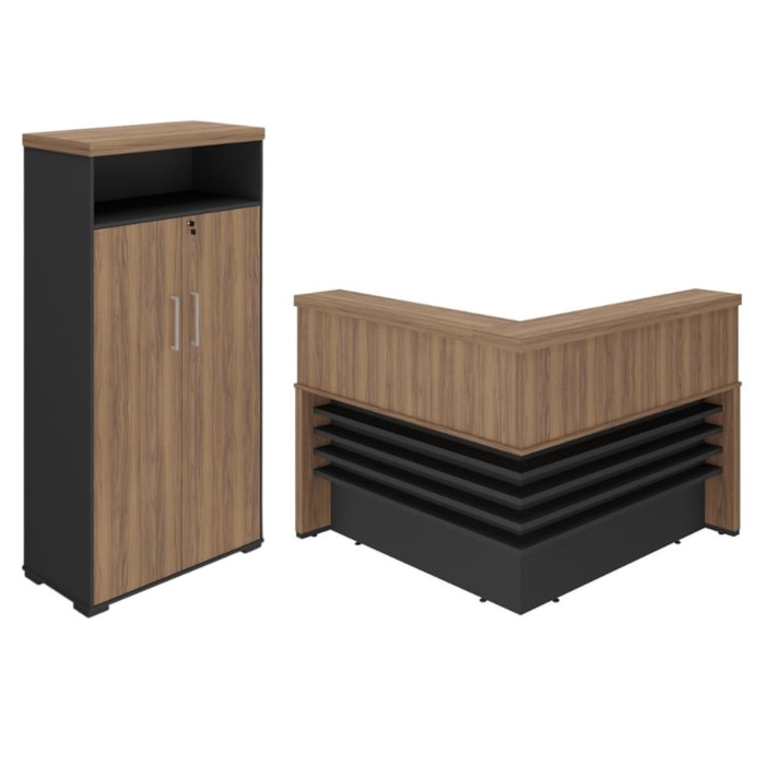 Mesa Balcao Recepcao 148X148 cm E Armário Com Nicho 173X90 cm Nogal Preto Artany