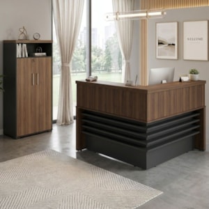 Mesa Balcao Recepcao 148X148 cm E Armário Com Nicho 173X90 cm Nogal Preto Artany