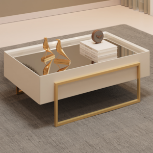 Mesa Centro Espelhada 92 cm Pes Metal Kika Off White Dourado DJ MOVEIS