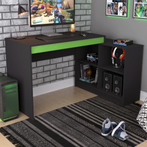 Mesa Computador de Canto Gamer Com Nichos 180 cm B24 Preto Verde NOVAM