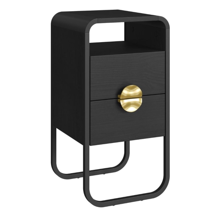 Mesa de Cabeceira Luna 2 Gavetas 30 cm Pes Metalicos Nero Preto Artesano