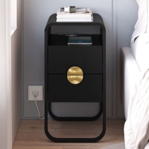 Mesa de Cabeceira Luna 2 Gavetas 30 cm Pes Metalicos Nero Preto Artesano