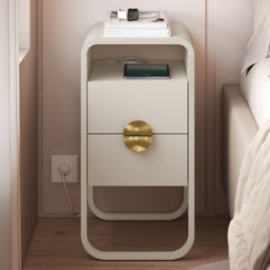 Mesa de Cabeceira Luna 2 Gavetas 30 cm Pes Metalicos Off White Artesano